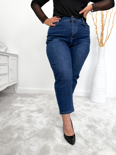 Granatowe spodnie jeansowe o fasonie balloon