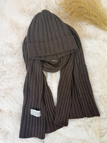 Czekoladowy z kaszmirem i wełną komplet prążkowany czapka + szalik