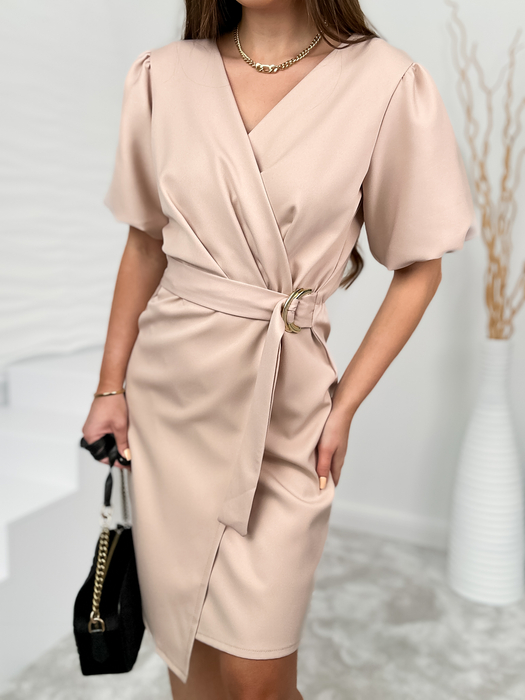 Beżowa sukienka z paskiem i bufkami Chloe II