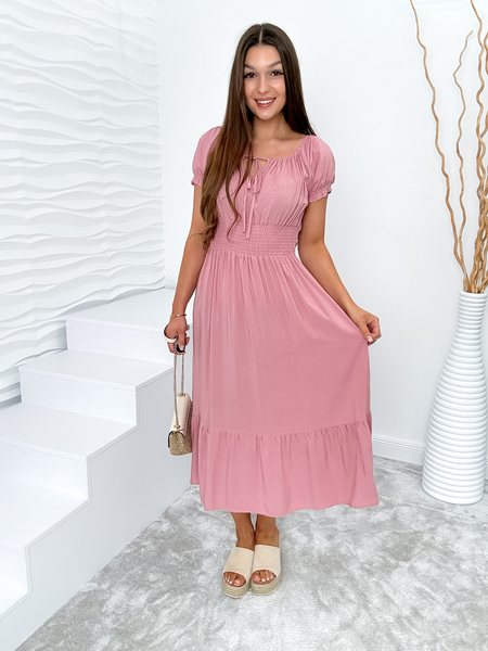 Różowa sukienka z wiązanym dekoltem Irene