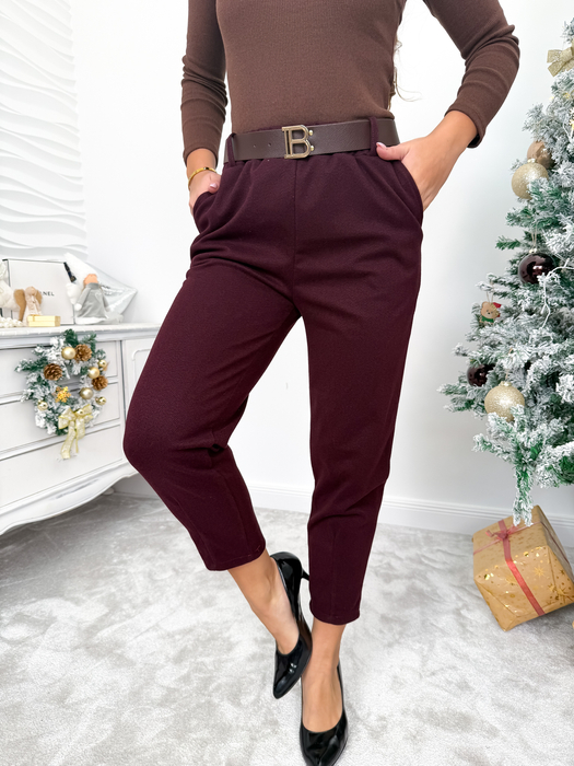 Śliwka spodnie jodełka z paskiem