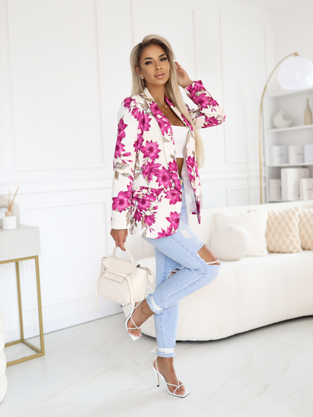 Śmietankowa biel marynarka w fioletowe kwiaty Gloria