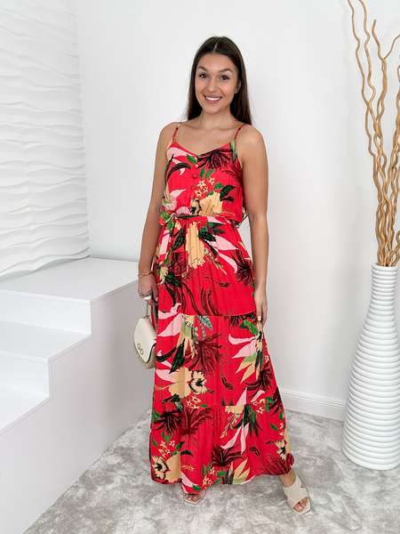 Czerwona sukienka we wzory z paskiem Carla