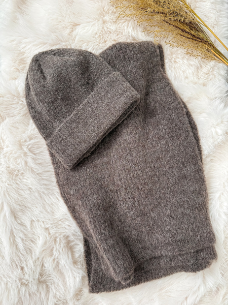 Chłodny brąz komplet moher i wełna czapka + szalik