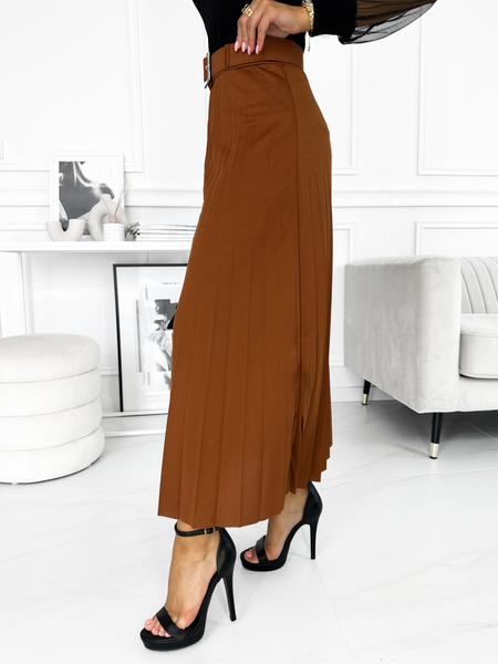Kasztanowa spódnica plisowana midi z paskiem
