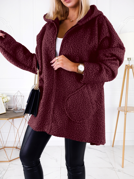 Burgundowy płaszcz baranek z kapturem