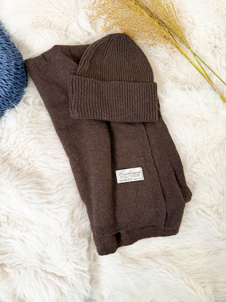 Czekoladowy z kaszmirem i wełną komplet czapka + szalik