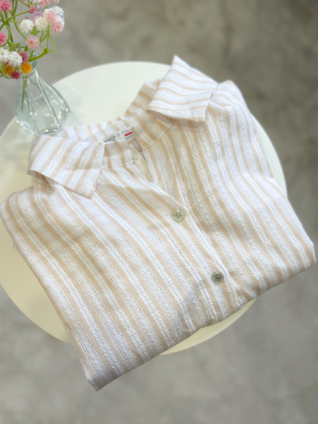 Beżowa ażurowa bawełniana koszula w paski