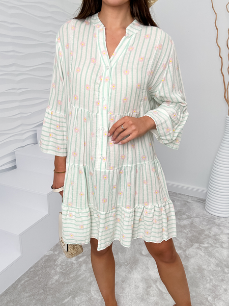 Biała muślinowa sukienka w zielone paski Ada