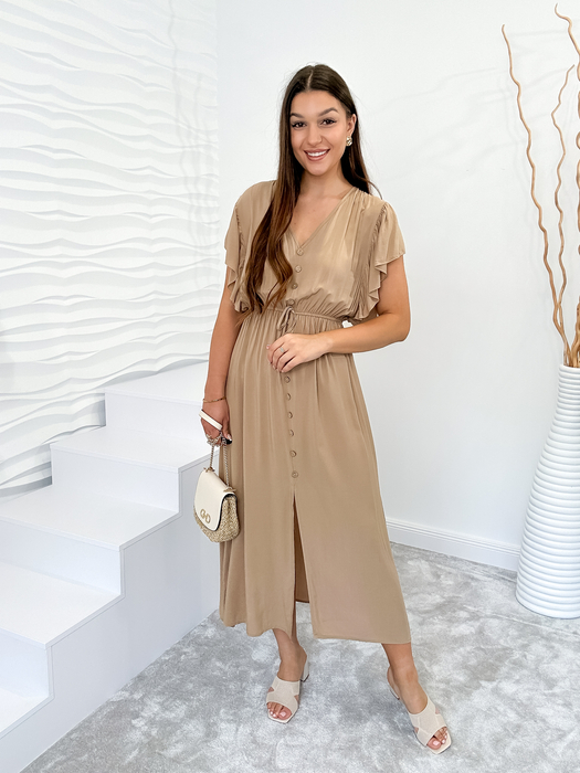 Beżowa sukienka z guzikami i falbaną na rękawie Daria