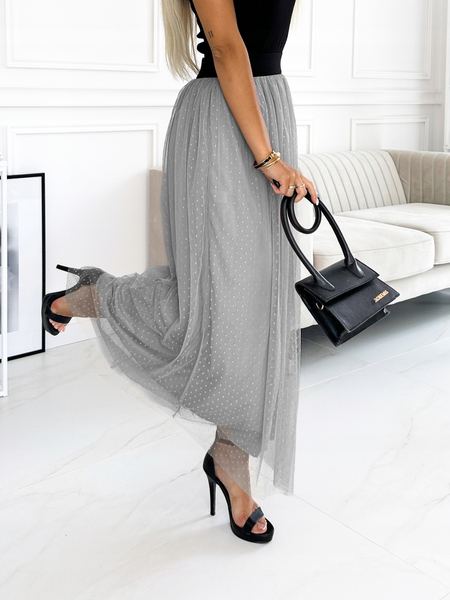 Szara tiulowa spódnica w drobne kropeczki