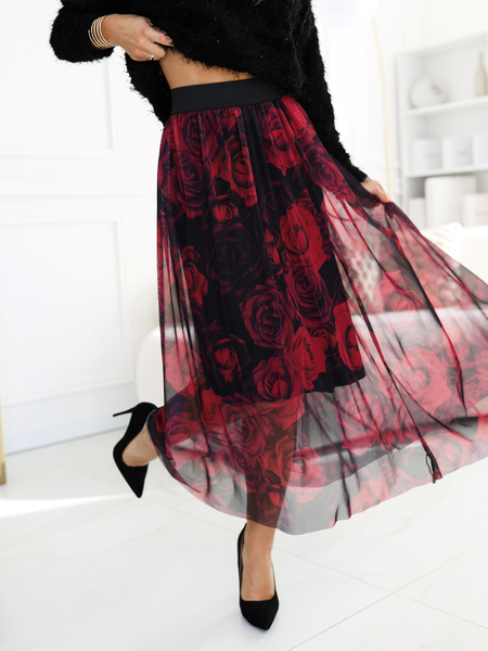 Czarna spódnica tiulowa w czerwone róże