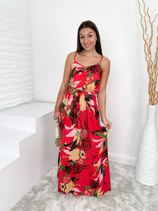 Czerwona sukienka we wzory z paskiem Carla