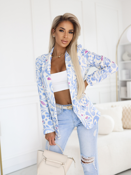 Śmietankowa biel marynarka z błękitnym wzorem Gloria