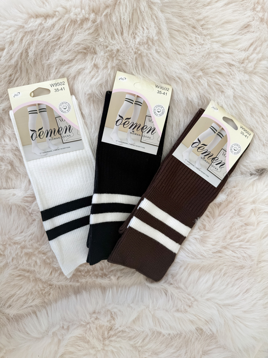 Podkolanówki paski biały + czarny + brąz 3 pary