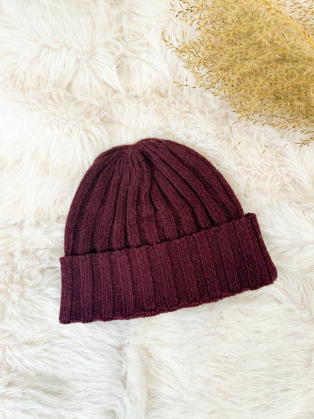 Bordowy z kaszmirem i wełną komplet prążkowany czapka + szalik