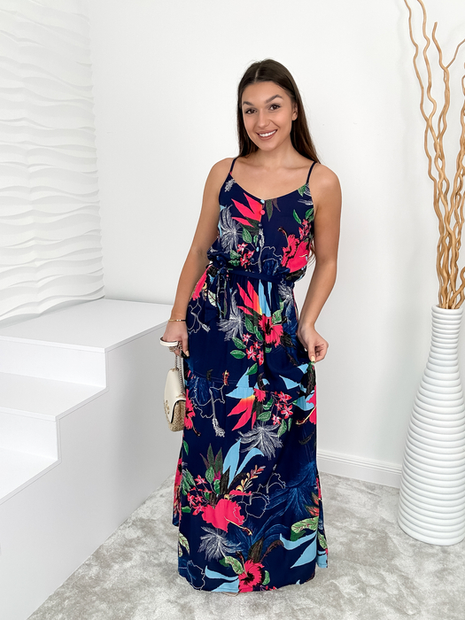 Granatowa sukienka we wzory z paskiem Carla