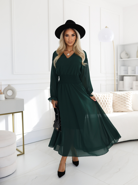 Butelkowa zieleń sukienka z marszczeniem w tali