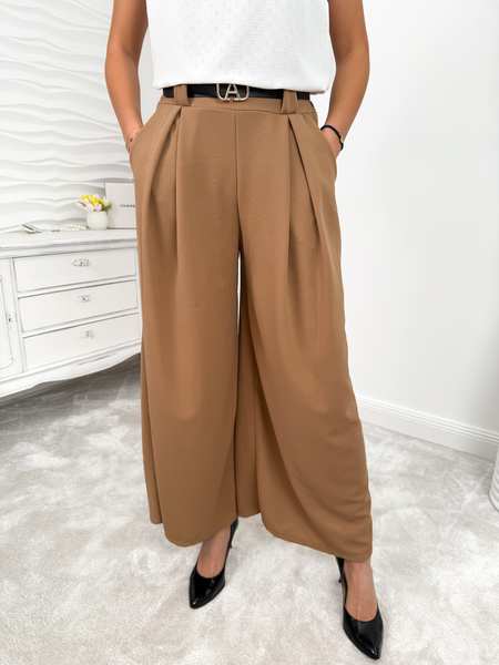 Camel szerokie spodnie palazzo z paskiem Paloma