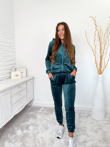 Butelkowa zieleń komplet welurowy- bluza ze spodniami Evelyn
