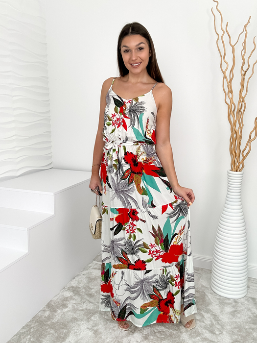 Biała sukienka we wzory z paskiem Carla