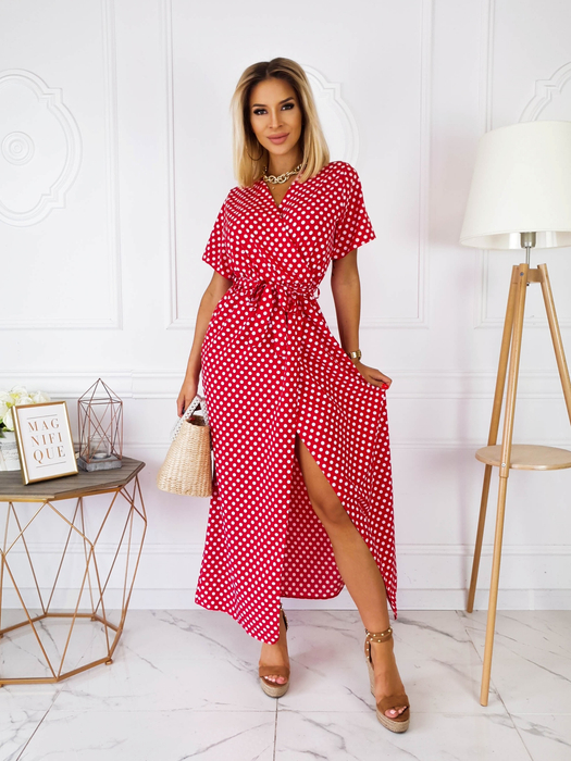 Czerwona długa sukienka w kropki Coral