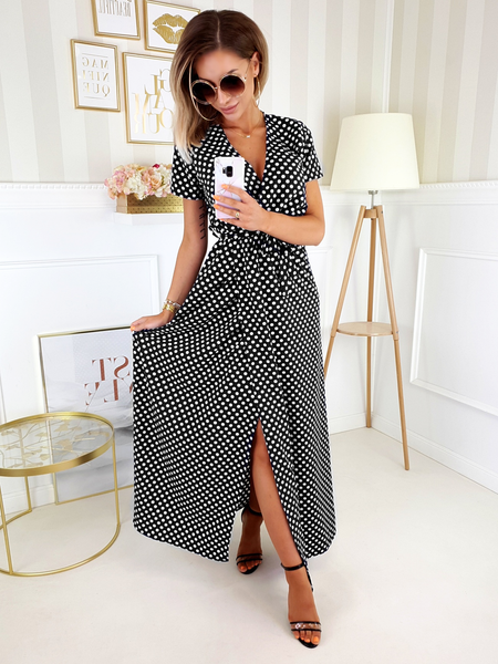 Czarna długa sukienka w kropki Coral