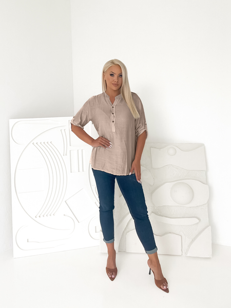 Ciemny beż koszulowa bluzka z guzikami Lana