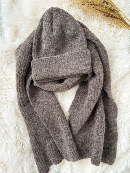 Chłodny brąz komplet moher i wełna czapka + szalik