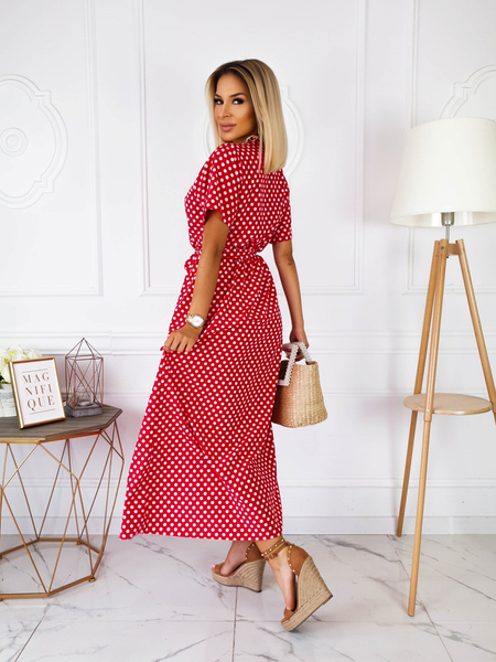 Czerwona długa sukienka w kropki Coral