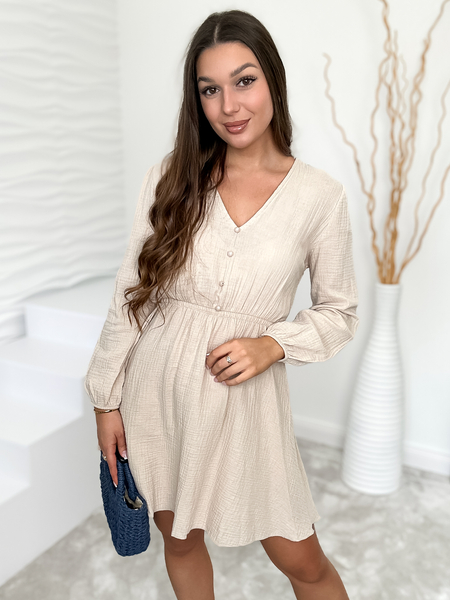 Beżowa muślinowa sukienka z długim rękawem Andy