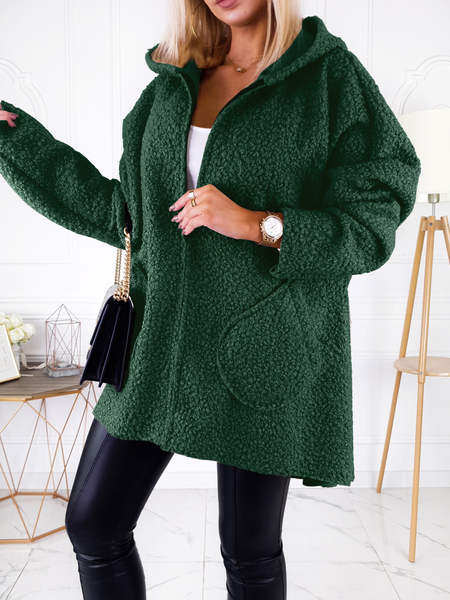 Butelkowa zieleń płaszcz baranek z kapturem