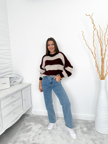 Bordo + beż miękki sweter w pasy