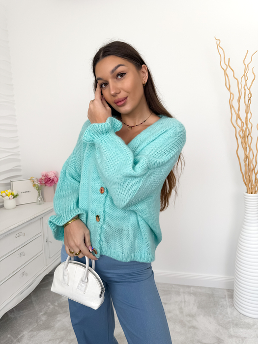 Turkusowy kardigan moher i wełna z falbaną na rękawie