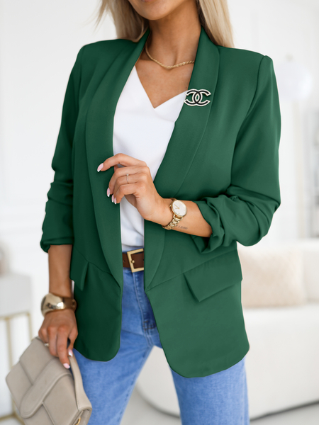 Butelkowa zieleń elegancka marynarka z marszczeniem na rękawach