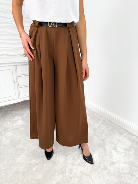 Czekoladowe szerokie spodnie palazzo z paskiem Paloma