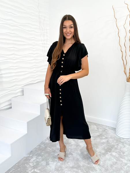 Czarna sukienka z guzikami i falbaną na rękawie Daria