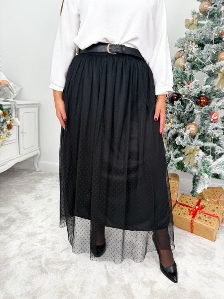 Czarna spódnica tiulowa w drobne kropki