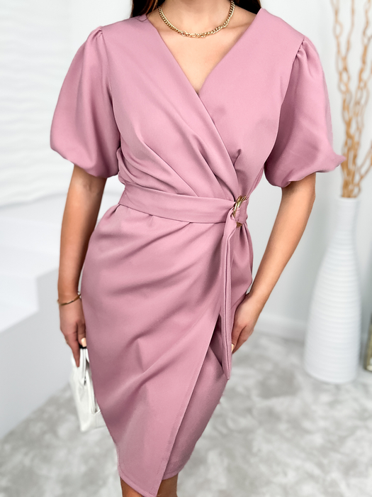 Brudny róż sukienka z paskiem i bufkami Chloe II