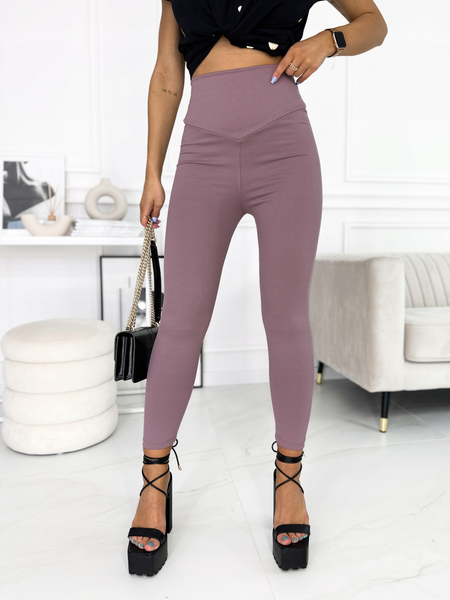 Wrzosowe prążkowane legginsy z przeszyciem