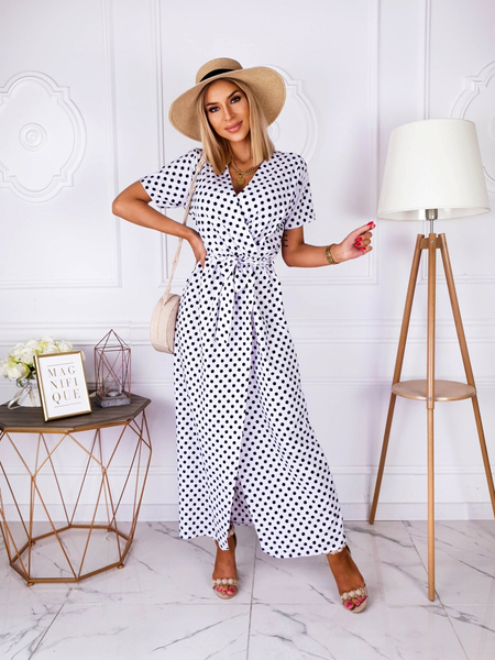 Biała długa sukienka w kropki Coral