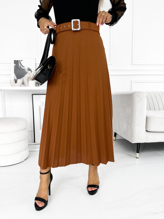 Kasztanowa spódnica plisowana midi z paskiem