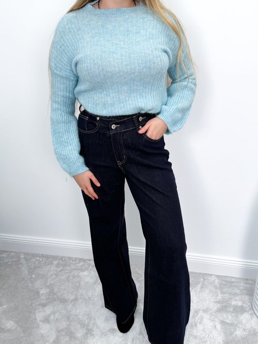 Błękitny moher i wełna sweter dzwonek