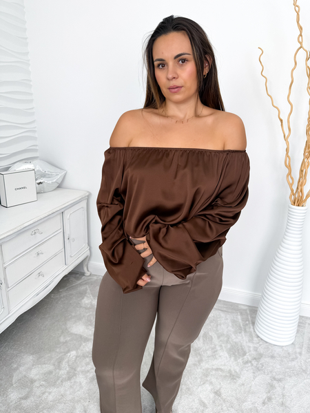 Czekoladowa satynowa bluzka hiszpanka Isla