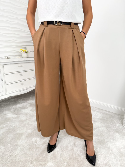 Camel szerokie spodnie palazzo z paskiem Paloma