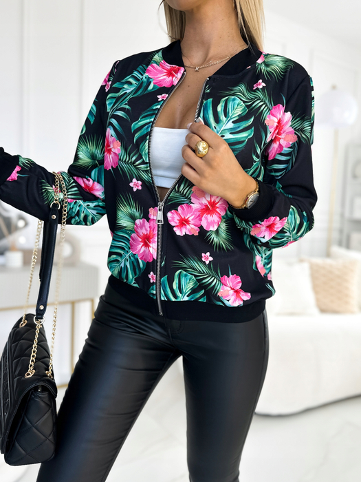 Czarna bomberka z motywem kwiatów tropikalnych