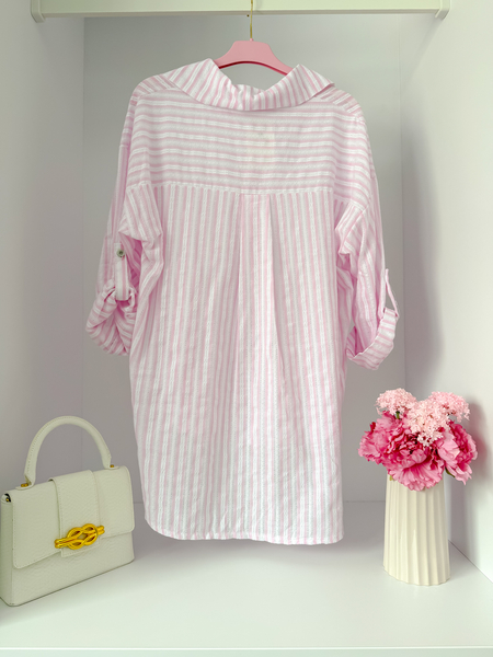 Różowa ażurowa bawełniana koszula w paski