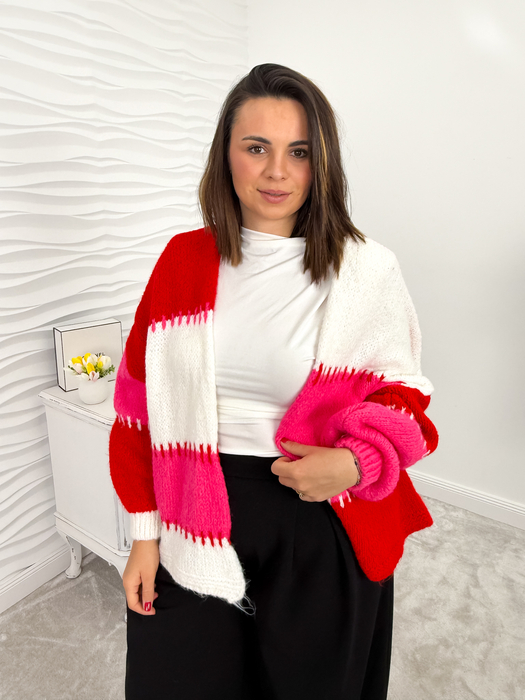 Fuksja-czerwony kardigan w stylu patchwork łaty