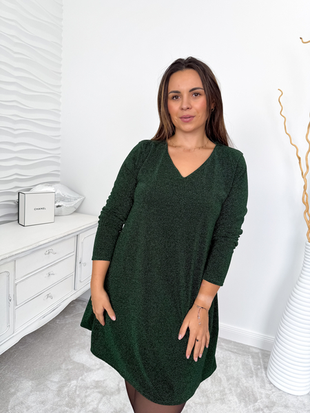 Butelkowa zieleń trapezowa sukienka w serek Zara