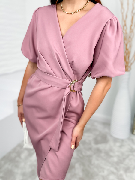 Brudny róż sukienka z paskiem i bufkami Chloe II